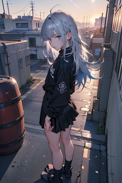 anime moe art style,Best Anime 8K Konachan Wallpapers,Badass Anime 8K,Perfect Anatomy, (Please draw a picture of a girl looking down on the city from the rooftop.............)From diagonally above,overhead angle,BREAK, 1 That girl is a female swordsman, (Solo,Lori,child,18year old:1.3), Androgynous attraction, (very long gray hair, blunt bangle limbs, complete fingers,flat chest, Small butt, groin, Beautiful dark eyes created by detailed 8K, jaket,Obi,flowing skirt, standing on the roof of a skyscrapper. BREAK, i have a mission.。Sasasasa...。Ultra-detailed,High resolution,super detailed skin, Professional Lighting, Illustration,Landscape of the near future