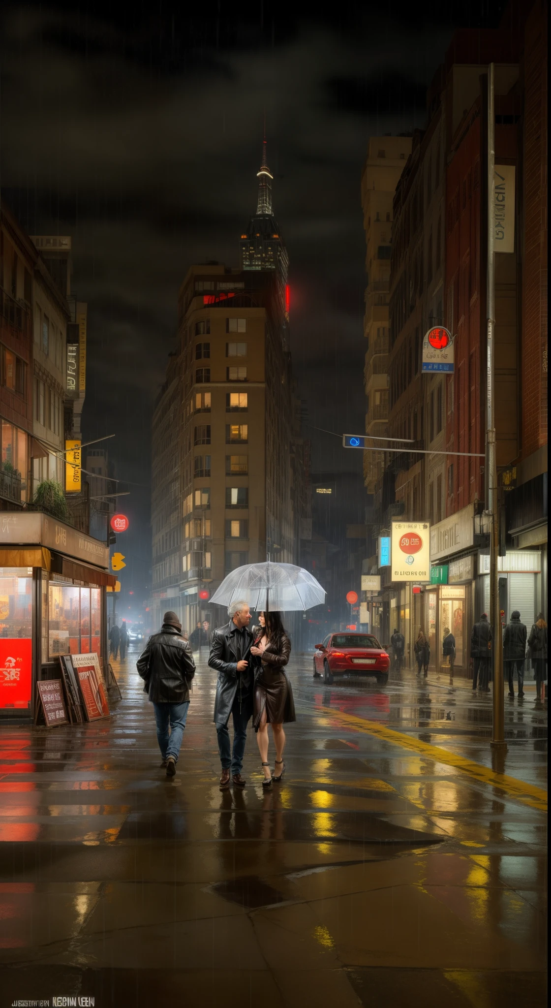 Painting of cars and buildings on city street at night, author:Richard Carlin, heavy rain poured,man and woman walking together,Long gray hair,long leges,Hyper-realistic 8k CG,Flawless Face,flawless perfection,Full body lesbian,Conjoinment,Colossal tits,humongous large breast,big breasts drooping,long leges,red umbrella,streetart, street city night, On the city streets at night, street night, On the streets at night, Streets at night, Brett Emery, Influenced by Jeremy Mann, Night Street, Jeremy Mann#3 tiles, by Nadeem Kalam, city night