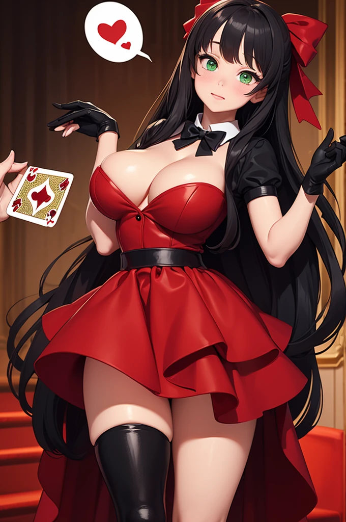 wonderland woman, Red and black pattern dress, Long black hair, green eyes, Long black gloves, Long red boots, Black bow tie on her back. holding red heart poker cards in hand