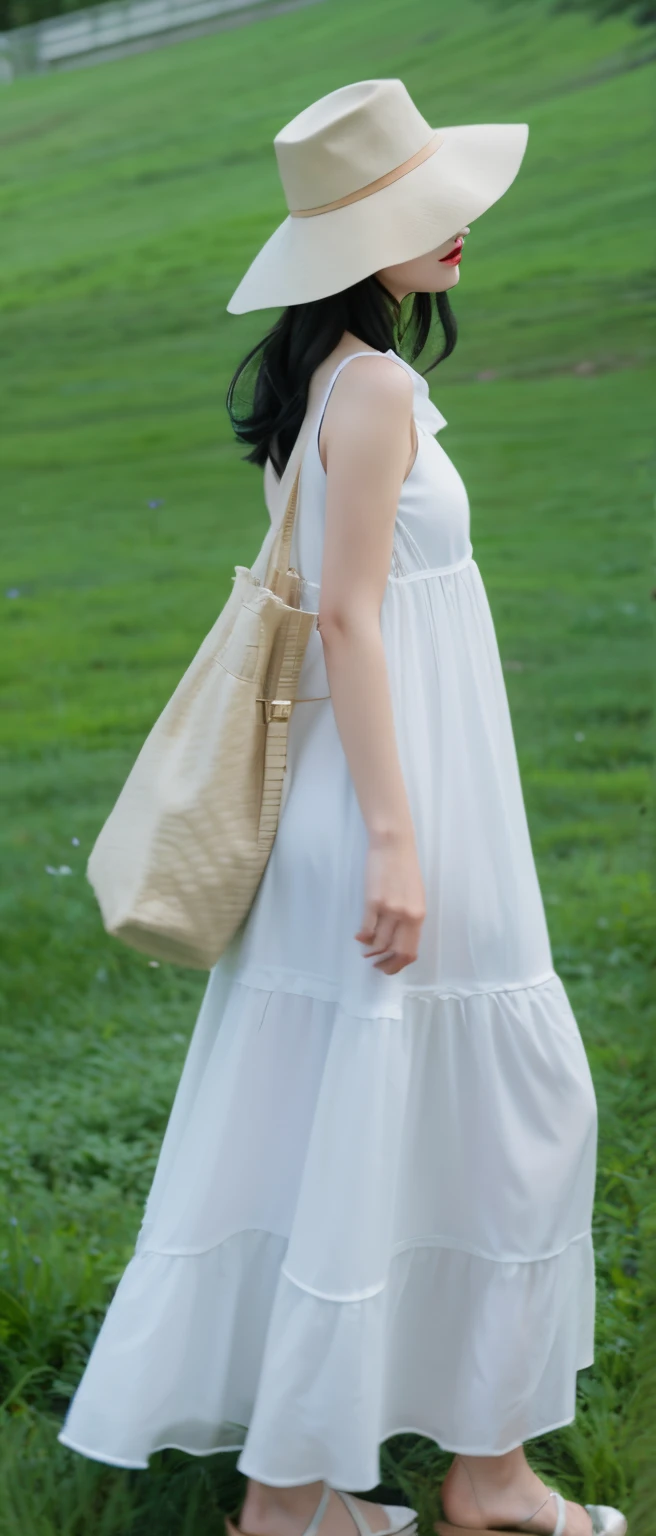 Walking on the ground wearing a hat, She  wearing a black flowing dress, Wearing a long black dress,