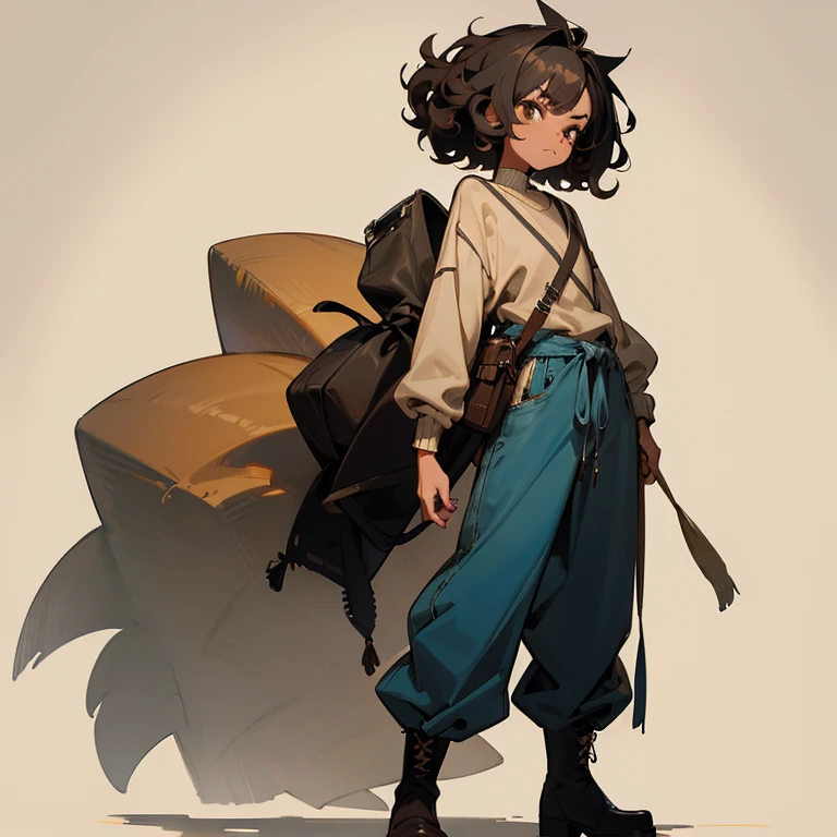 Spix Macaw as a human female, brown eyes, tan skin, short blue ombré hair, baggy stripped sweater, baggy pants, black boots, standing, short, semi-angry, sassy, female, curly hair, Brazilian,