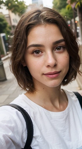 Gere uma imagem realista de uma jovem exploradora digital  Ela tem 25 anos, tem olhos castanhos expressivos e cabelos pretos com brilho natural (((cabelo um pouco abaixo do ombro))). Its appearance  vibrant and authentic, reflecting a mix of curiosity (they are taking a selfie with the background being a walkway)