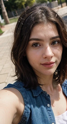 Gere uma imagem realista de uma jovem exploradora digital Ela tem 25 anos, tem olhos castanhos expressivos e cabelos pretos com brilho natural (((cabelo um pouco abaixo do ombro))). Its appearance vibrant and authentic, reflecting a mix of curiosity (they are taking a selfie with the background being a walkway)