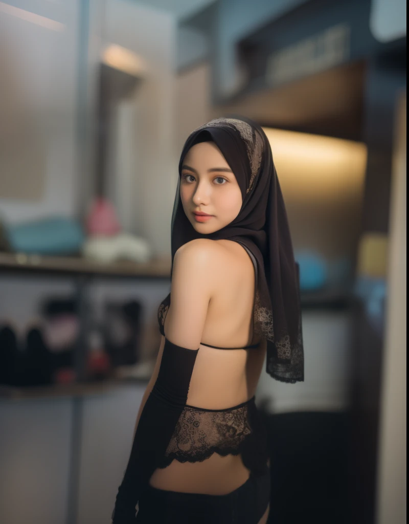 (((HIJAB MALAY GIRL))), top-quality、masterpiece、Surreal、((childs room))、((Stuffed animals are on display.))、 Gymnastic suit、japanes、Pupils、tiny girl、The appearance of the child、Height 140cm、hchool girl、small body of a child、streaks、Thin leg、report、Sunlight、Human Realistic Skin、Glossy skin、a picture、full bodyesbia. ((())), (((WHITE LACE))), (((SKINNY ))).