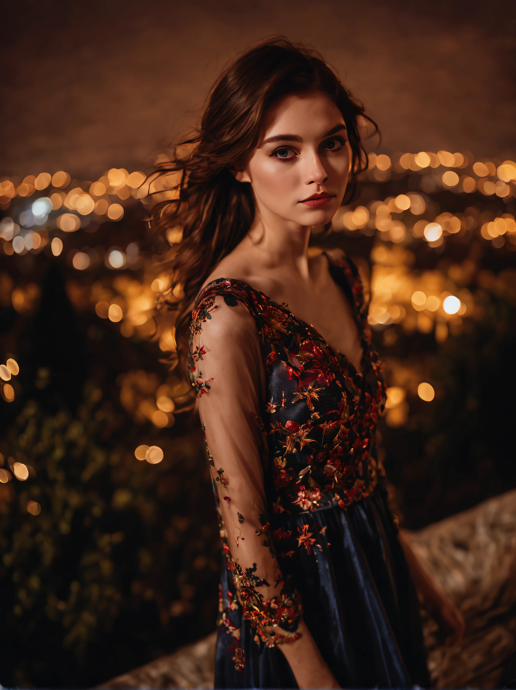 1girl, 20 years old, a beautiful girl ((looking at the night sky)), wearing an elegant and long dress, firework, a flame embroidered in the night sky, windy, prague, castle seen in the background, movie scene, cinematic light, very dark scene, (anamorphic lens bokeh: 1.4), composition from below