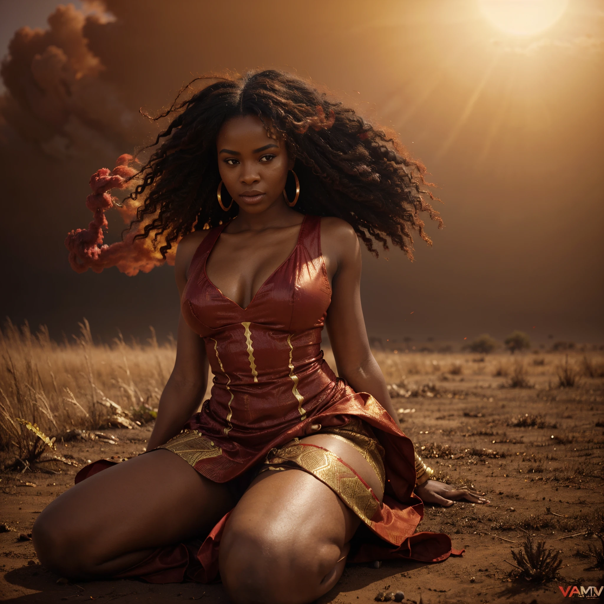 Wide angle shot of a beautiful african woman dressed in a red and gold African designed dress, with red smoke on the ground blowing with the wind, red sun in the background providing a moody atmospheric cinematic lighting, hyper-realistic image, 32k, ultra HD, unreal engine rendered, cinematic lighting, artgerm style,