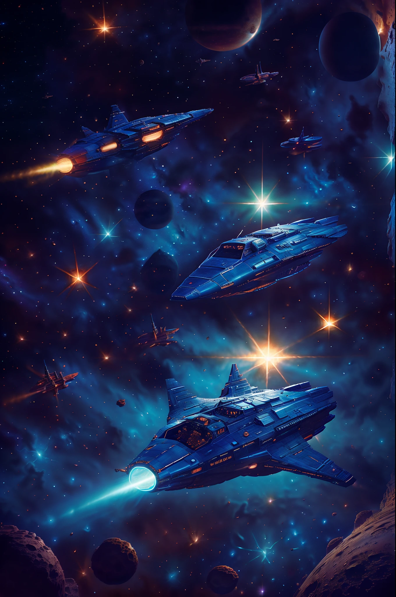 (best quality,4k,8k,highres,masterpiece:1.2),ultra-detailed,(realistic,photorealistic,photo-realistic:1.37),spaceship massive,space,blue lights,spaceship flying in space,battleship,dark,shadows,star-filled sky,vibrant colors,cosmic,high-tech metallic materials,starship exterior,engine exhaust,nebulas surrounding,intergalactic journey,star clusters,gigantic structure,spacious cockpit,command center,control panel,starship crew,holographic displays,powerful engines,thrust flames,starship emblem,advanced weaponry,particle beams,laser cannons,starship shields,intense energy,alien civilization,control room,resilient hull,force fields,interstellar travel,unknown planets,massive asteroid belts,imposing presence,interstellar exploration,unknown realms,outer space wonders.