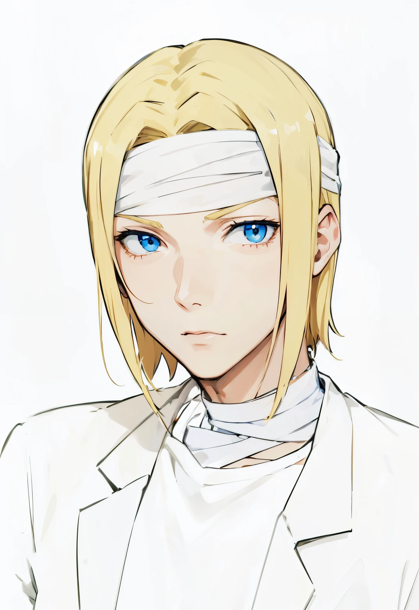 Anime blonde and blue eyes man with bandage on his head and his neck, wearing white coat and white shirt, bandage on his hand