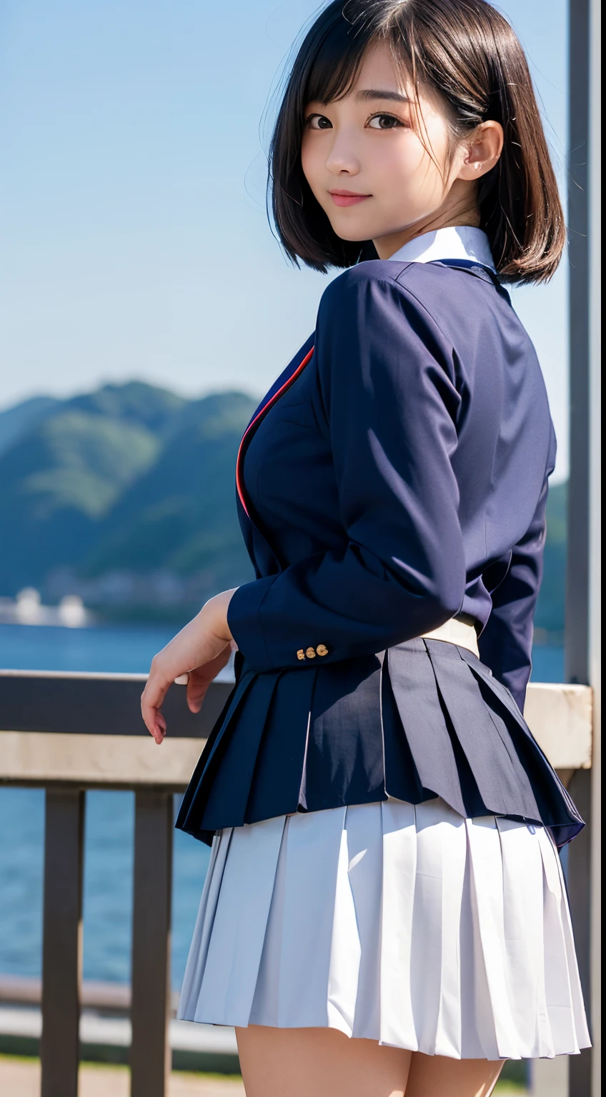 Best-quality, Masterpiece, Ultra-High-Resolution, (Photorealistic:1.4), Raw-Photo, 1girl, 15-years-old, the most popular Japanese idol, back view, cowboy shot, ((upturned beautiful buttocks wearing colorful panties):1.2), ((wearing navy blue pleated long skirt blown up by wind):1.3), wearing Japanese school uniform's dress shirt under Japanese school uniform's blazer, innocent smile, looking at viewer, ((extremely cute face like a most famous Japanese idol, (extremely beautiful big black solid circle eyes), extremely beautiful black short-cut-haired)), extremely beautiful white skins, extremely beautiful thighs, extremely beautiful buttocks wearing colorful panties, ((detailed beautiful buttocks wearing colorful panties)), (((detailed navy blue pleated long skirt))), ((detailed Japanese school uniform's blazer):1.1), ((detailed Japanese school uniform's dress shirt):0.8)