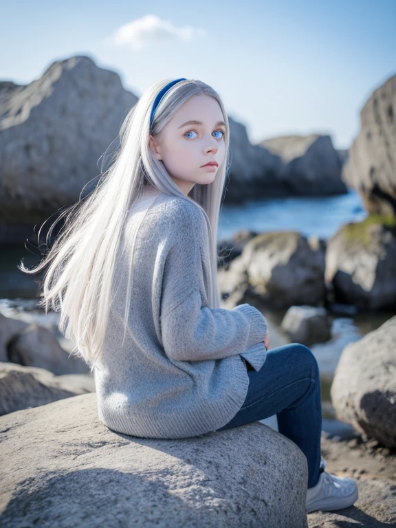 a pale, long silver haired girl with blue eyes. the sky is grey and dull and the girl sits with her back against a big rock