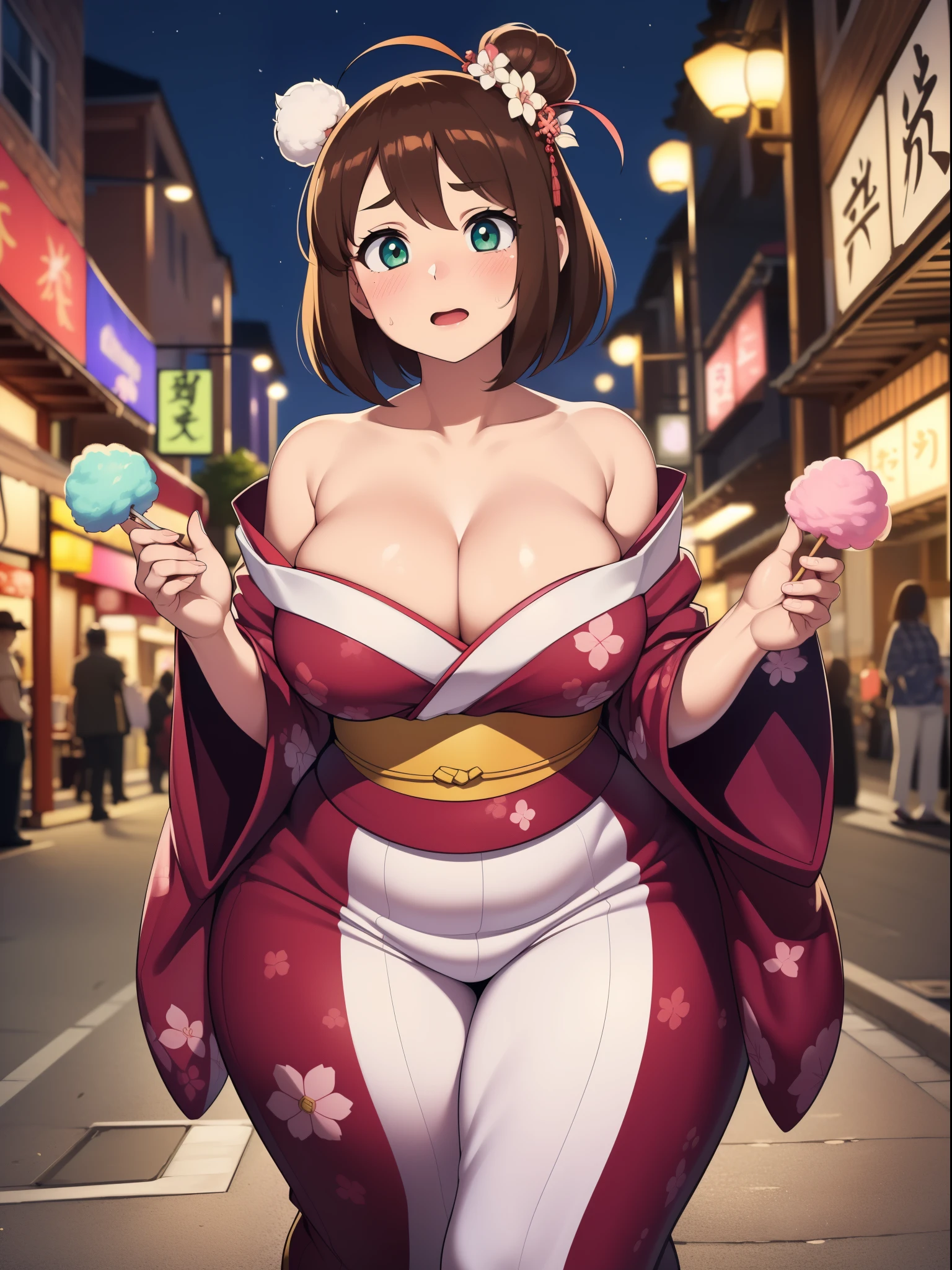 ((high reasterpiece), perfect anatomy, perfect shading, field of depth, (best quality), extremely delicate and beautiful, perfect lighting, detailed face, ultra cute face, cute, (cowboy shot 1.2), looking at viewer, full body, ((1girl)), ((solo)),
short hair, fluffy hair, brown hair, hair dress, green eye, ((blush)), nervous (kimono 1.2), extremely tight clothes, medium breasts, cleavage, perky breasts, (((wide hips))), ((thick thighs)), (chubby),
street, town, Japanese festival, night time, intricate background, detailed background, standing, holding cotton candy,