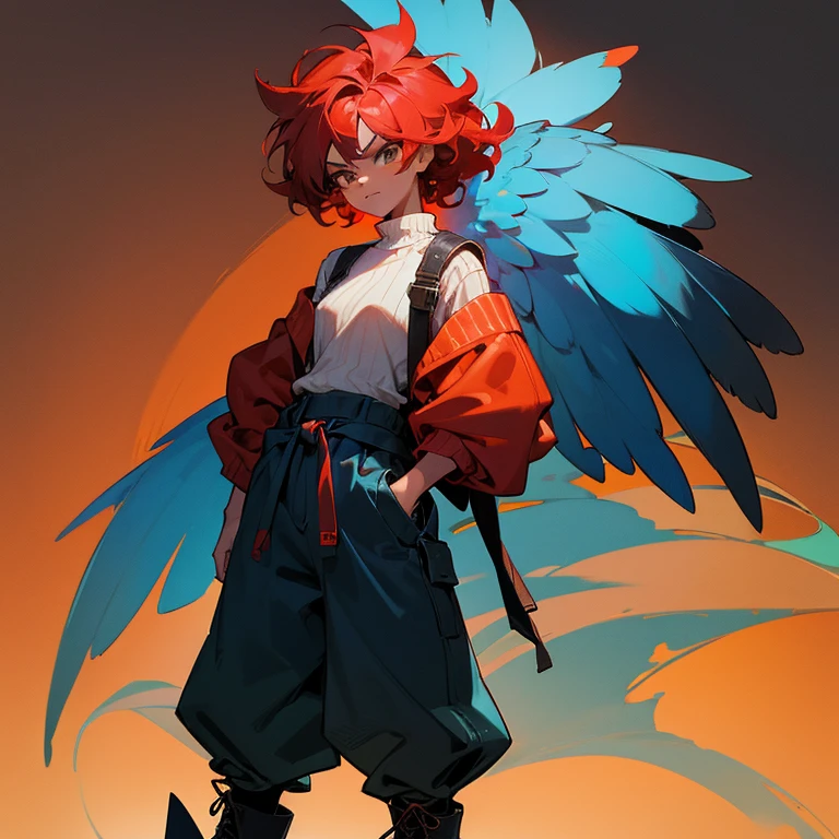 Spix Macaw as a human female being dominated by scarlet macaw as human male, brown eyes, tan skin, short blue ombré hair, baggy stripped sweater, baggy pants, black boots, standing, short, semi-angry, sassy, female, curly hair, Brazilian, blue hair, tough look, saucy, bright blue faded to dark blue hair, Brazilian man, red hair, smug look, strong, tall man,