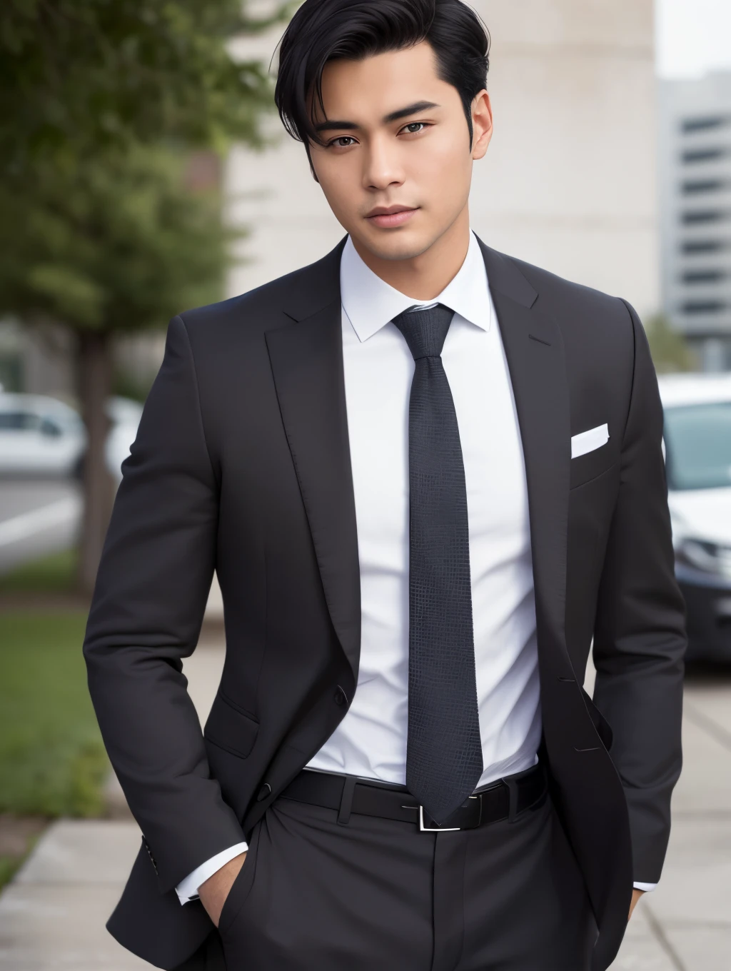 Best Quality, masutepiece, 超A high resolution, (Photorealistic:1.4), Raw photo, Young handsome man, Black hair, look like a businessman, wears a suit,