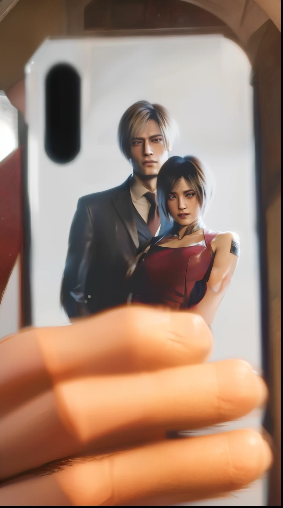 Leon kennedy with ada wong, perfect face, woman, short bang hair, wearing blue suit and red mini dress, smile, happy expression