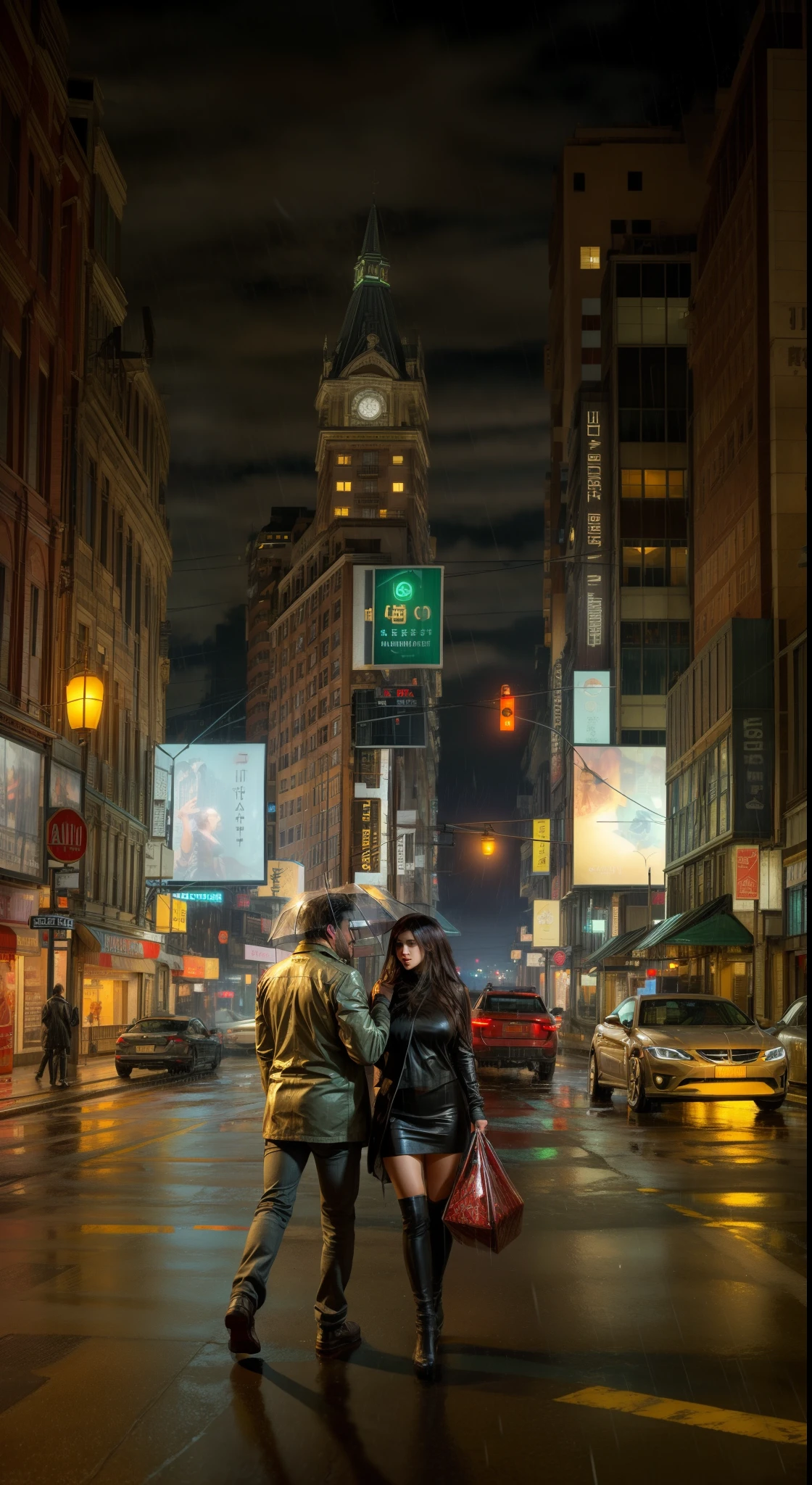 Painting of cars and buildings on city streets at night, author：Richard Carlin, heavy rain poured，man and woman walking together，Long gray hair，long leges，Hyper-realistic 8k CG，Flawless Face，White transparent clothes，Jointly，Colossal tits，humongous large breast，Large breasts droop，long leges，red umbrella，streetart, street city night, On the city streets at night, street night, On the streets at night, Streets at night, Brett Emery, Influenced by Jeremy Mann, Night Street, Jeremy Mann#3 tiles, by Nadeem Kalam, city night