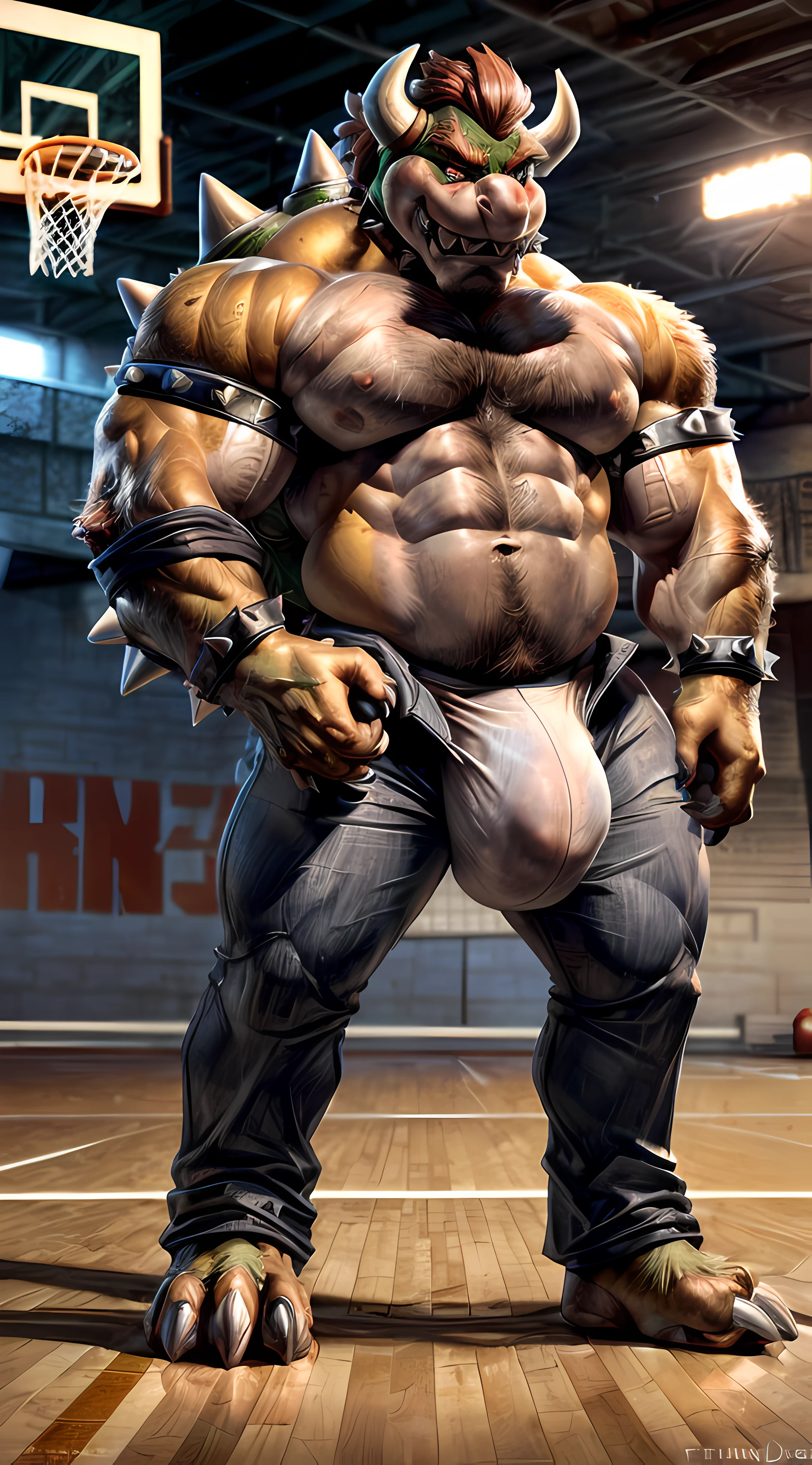 2d, masterpiece, best quality, 4k, 8k, ultra highres, raw photo in hdr, sharp focus, photo realism, Inside, Basketball court, Bowser Castle, detailed background, (Basketball jersy, basketball shorts, open pants), (by taran fiddler), solo focus, large body, anthro, ((((Bowser, male, barazoku, muscular, perfect eyes, full body, Villain, Bad Guy, Evil, smirk, crazy, claws, big bulge, crazy eyes, bad boy, crazy)))), instant loss 2koma, wide hips, thick thighs, huge butt, hard , motion lines, cum dump, ahegao, <3 eyes,
