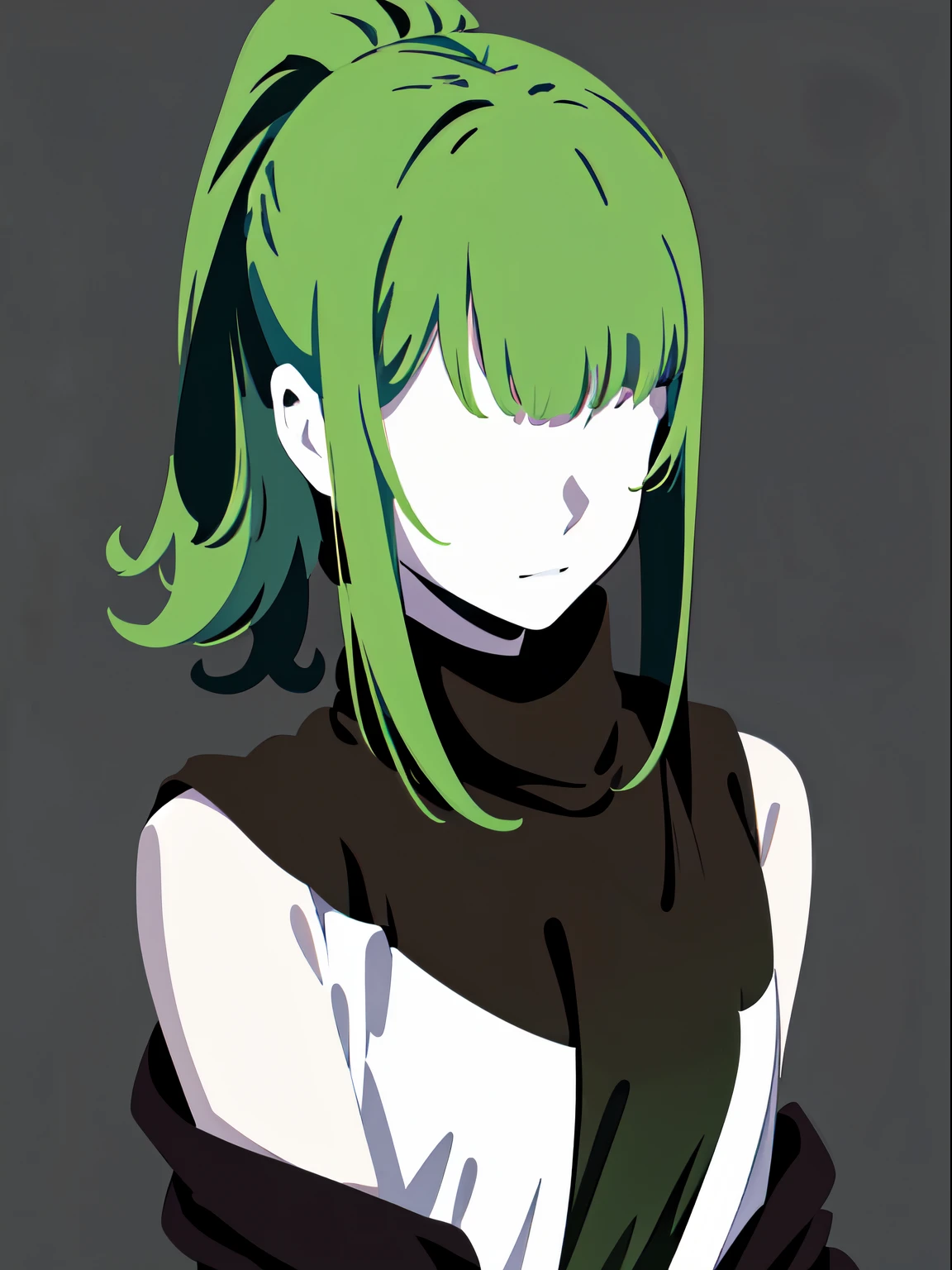 (masterpiece:1.2), (pale skin:1.2), (solo:1.2), (female:1.1), (emphasis lines:1.3), ponytail, green hair, vest, bare shoulders, (faceless), plain background