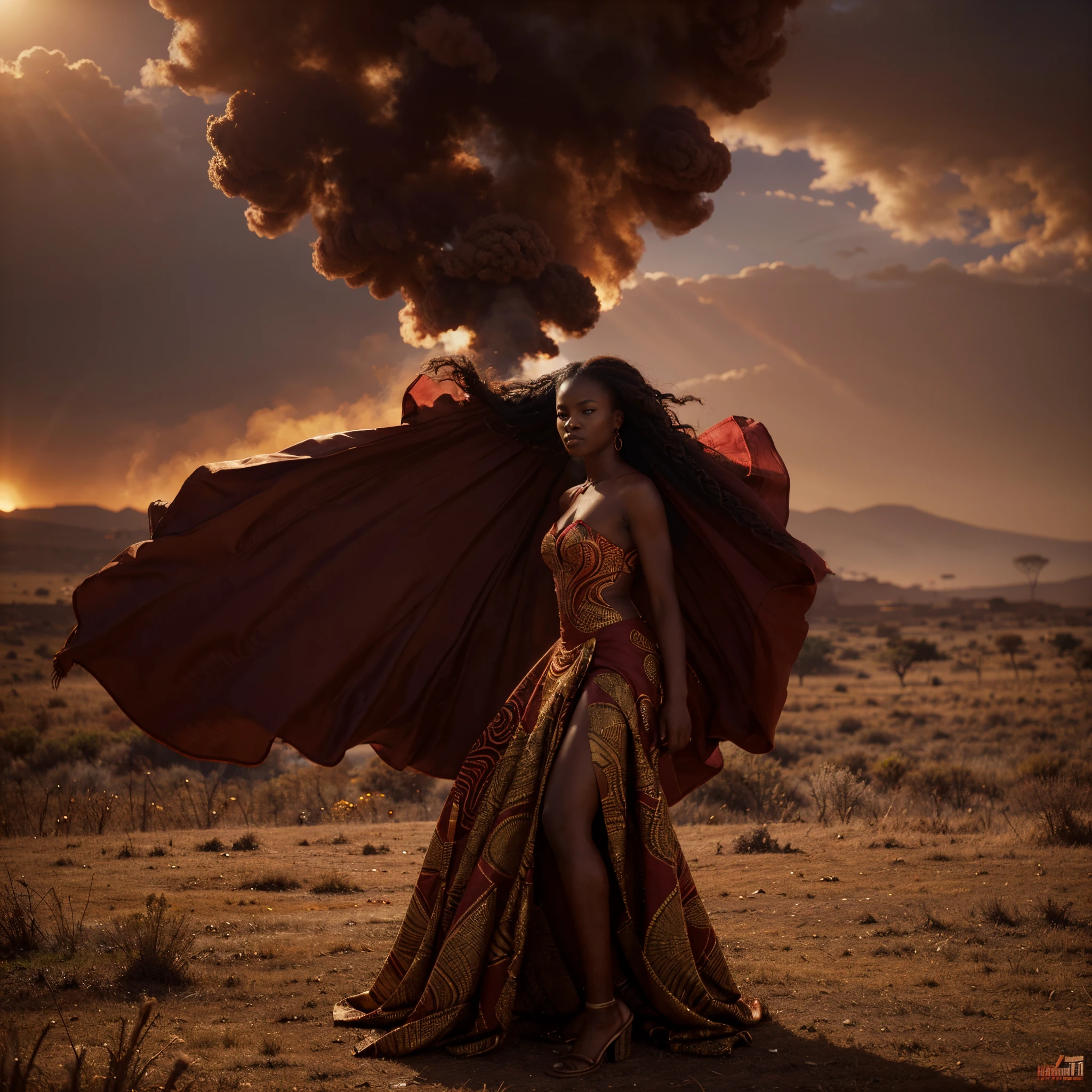 Wide angle shot of a beautiful african woman dressed in a red and gold African designed dress, with red smoke on the ground blowing with the wind, red sun in the background providing a moody atmospheric cinematic lighting, hyper-realistic image, 32k, ultra HD, unreal engine rendered, cinematic lighting, artgerm style,