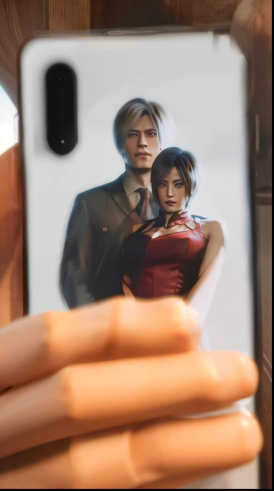 Leon kennedy with ada wong, perfect face,  woman, short bang hair, wearing blue suit and red mini dress With collar, smile, happy expression