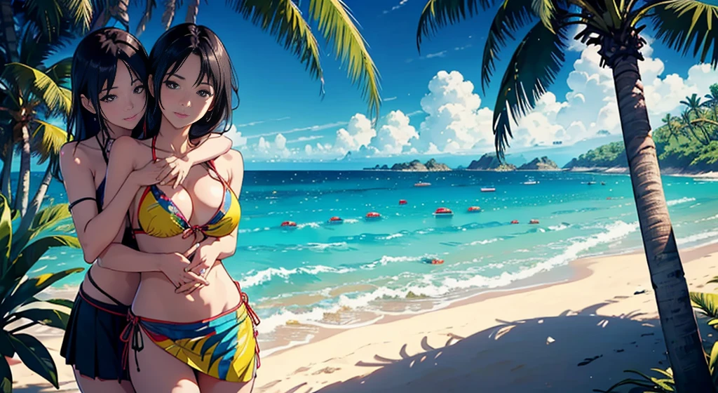 ​masterpiece、top-quality、超A high resolution、 [ 4 k digital art ]!!、 8k high quality detailed art、Wallpaper、 Detailed Digital Anime Art、Realisticity、Cinema Angle、hposing Gravure Idol、(((Two beautiful girls)))、((Hug your partner from behind))、cute  face、 ((Detailed depiction of a beautiful face))、kindly smile、年轻、Bikini swimwear、Photorealistic perfect body、(Bold ethnic patterns wrapped around the waist and skirt and plenty of primary colors)、light Particle、llight rays、Tropical、Against the background of palm trees on both sides、on a sunny beach、Against the background of the sea、blur backgroun、
