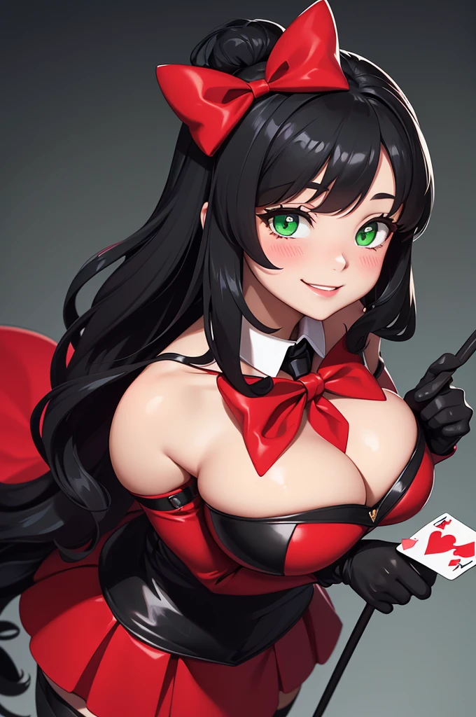 wonderland woman, smiling face, blush cheeks Red and black pattern dress, Long black hair, green eyes, Long black gloves, Long red boots, Black bow tie on her back. big breast, holding red heart poker cards in hand.