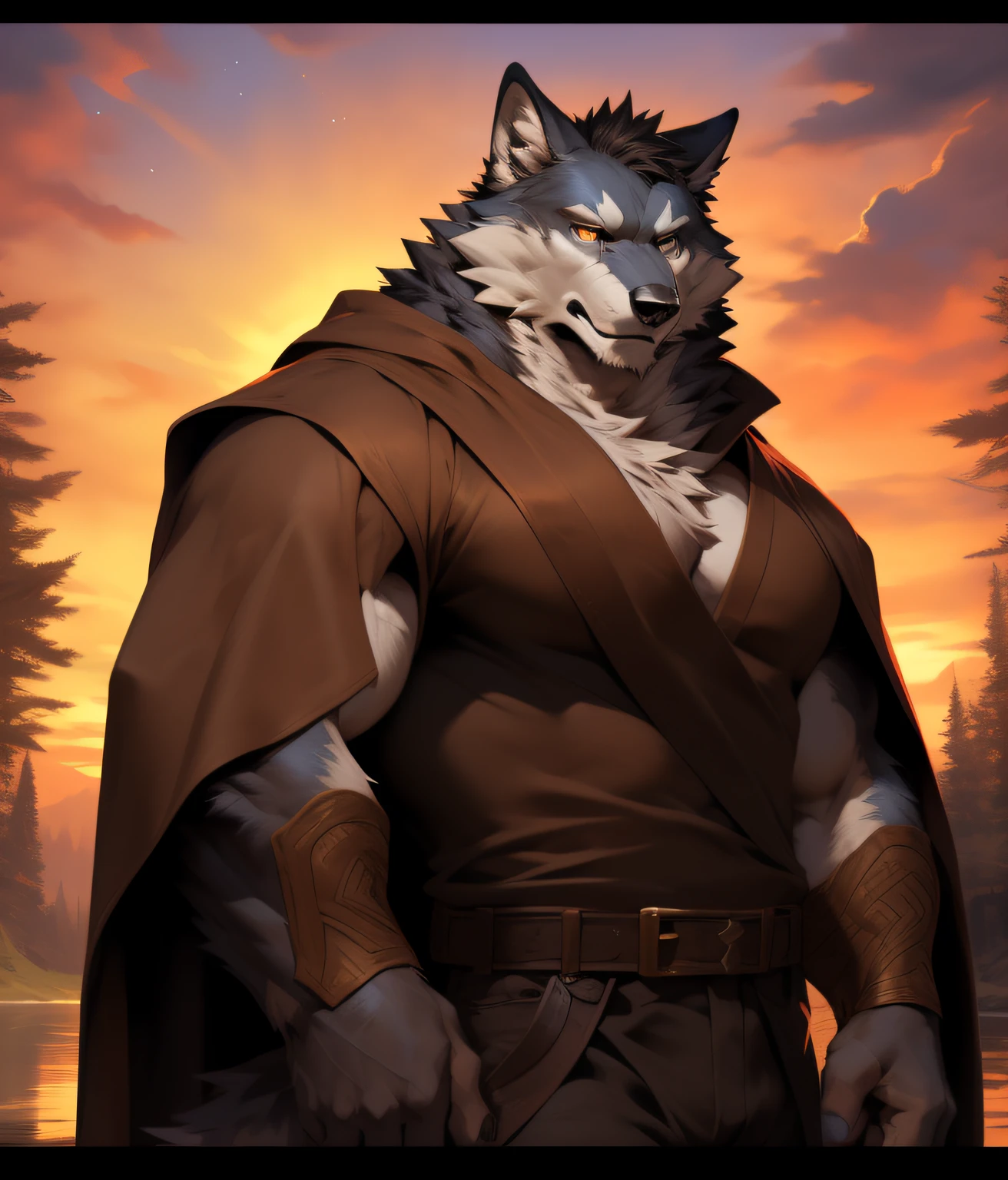 puesta del sol. lobo, en sombras parciales, brown cape. brown dress, 4k, High resolution, La mejor calidad, colores perfectos, Sombras perfectas, Perfect lighting, Publicado el E621, cuerpo peludo, lobo, Pelaje gris, piel gris, solamente, masculino, adulto, Masculino, (fuerte:1.2), anatomy correct, (Piel fotorrealista, Piel detallada, epopeya, Obra maestra:1.2), (Dark Fantasy World Background, trees, cielo negro, puesta del sol, Estrellas visibles en el cielo), (por Taran Fiddler, por chunie, por Traver009, por WFA:1.1), (pantalon de tela marron, belt with bronze buckle.:1.2), (ojos detallados, ojos dorados:1.2), (medio cuerpo:1.1), cara seria, postura fuerte, orgulloso, Sombras suaves, Mirando al espectador, pelaje desordenado, Rudo, vestimenta, slightly open tunic.