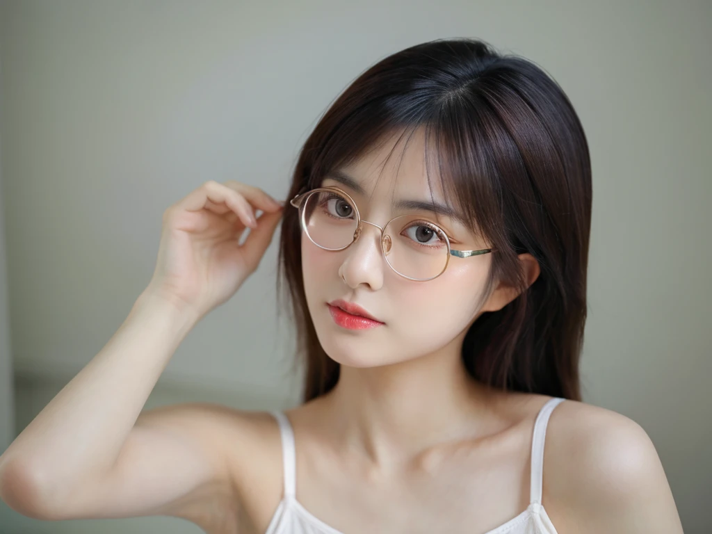 araffe asian woman with glasses and a bra top posing for a picture, wearing thin large round glasses, with glasses, spectacled, thick glasses, thick round spectacles, clear cute face, big round glasses, wearing small round glasses, wearing glasses, girl with glasses, gorgeous young korean woman, clear lips and high quality, transparent glasses, eyeglasses