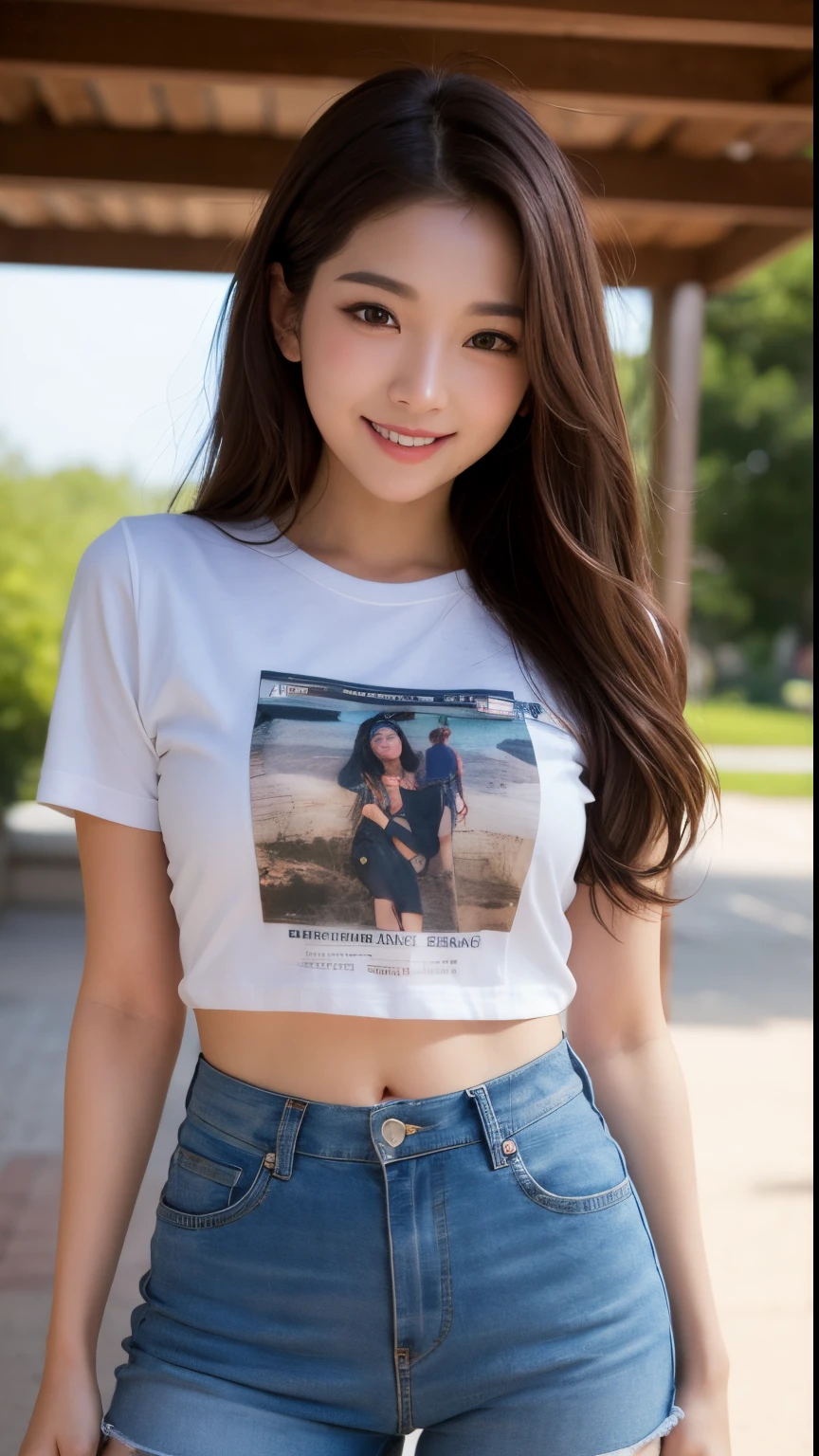 masutepiece, Best Quality, best qualtiy，top-quality、Face Focus、softlight、(depth of fields)、超A high resolution、all-fours、Kneel、beautiful hand stay piece, Best Quality, Photorealistic, Ultra-detailed, finely detail, High resolution, 8K Wallpaper, 1 beautiful woman,Slender Abs, Wear a t-shirt and hot pants, light brown messy hair, Beautiful detailed eyes, Smile, Detailed skin texture, detailed hairs, Long T-shirt and hot pants, Kpop Idol、cute smile face、Looking at the camera, Pretty Korean girl,