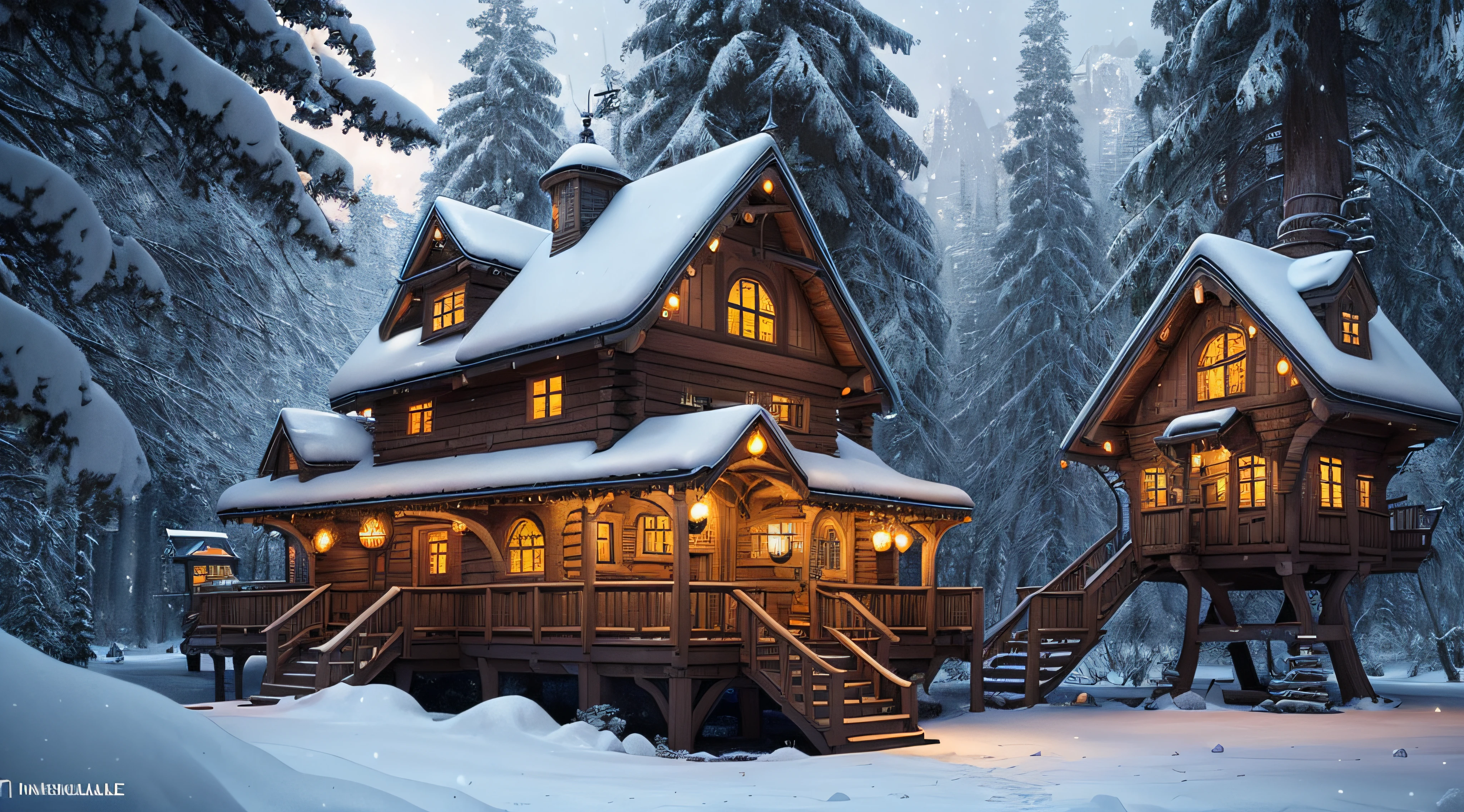 Norin Keyeairytale treehouse village inside a snow globe, Transparent data visualization, trends in art station, Tom Bagshaw and Seb MacKinnon, ultra - detailed, hyper realisitc, 电影灯光, dramatic lights, Volumetriclighting, 150mm, Render by Octane, strength, Denoised, Take photos with the Hasselblad H3DII