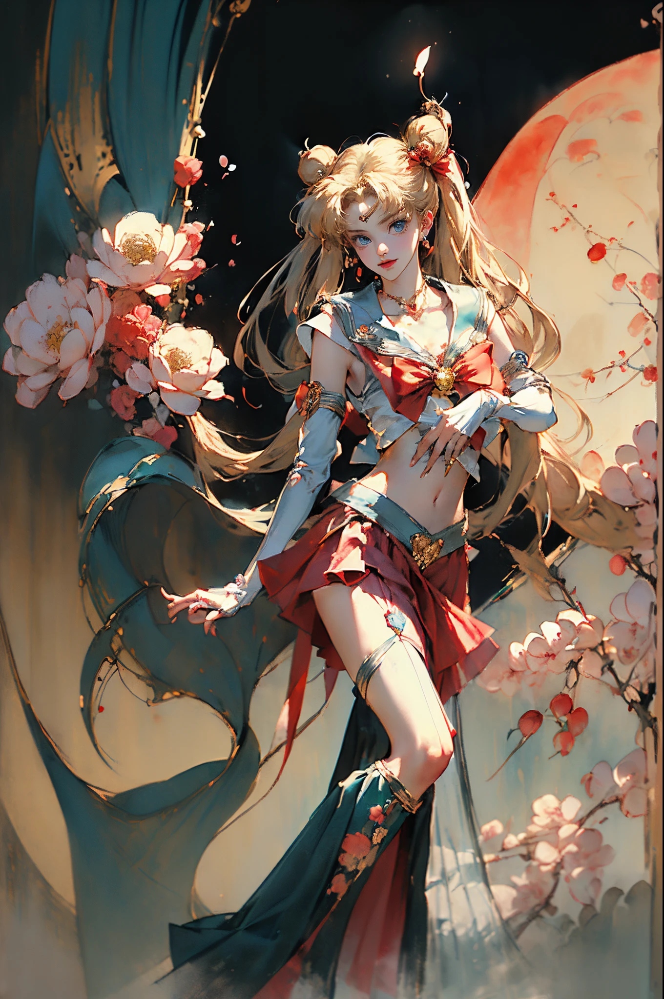 ((tmasterpiece)),((quality)),((Best quality at best)),((offcial art)),((Beauty and aesthetics)),(young women,Can#39;t satisfy her:1.3),((lewd poses)),((Sexual suggestiveness)),((the sailor moon:1.6,Mariner Moon)), ((Pubic hair shows through,Plump,Bulge,)),((There a big red bow on the chest,upper arm:1.6)),((Long blonde hair, dual horsetail)),((Sailor Moon Aesthetics)),((Puffy skirt)),((dream core)),((The content very detailed)),(s fractal art:1.3),(flowers in full bloom:1.3),((ultra - detailed)), ((very detailed nipples)),(One color:1.2)( tangled:1.2), (dynamicposes), (abstract backgrounds:1.3), (Chinese traditional fabric:1.2), (Glowing and radiant skin), (Lots of colors:1.4), ,(耳Nipple Ring:1.4),(Decorative painting:1.6,), Lighting,Ink painting and watercolor,ink,water ink,