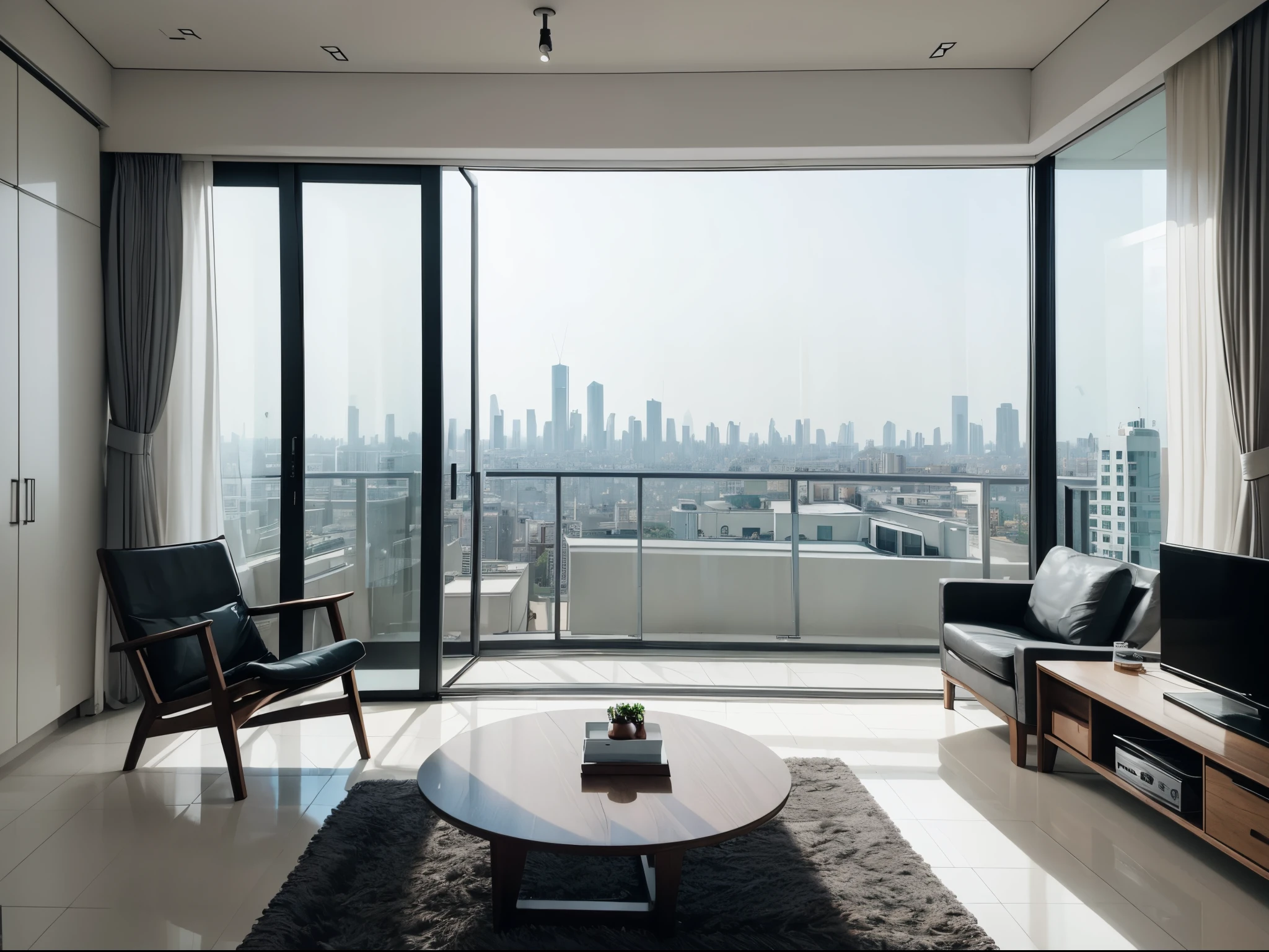 (masterpiece, best quality), best resolution, minimalist living room, apartment overlooking city, morning