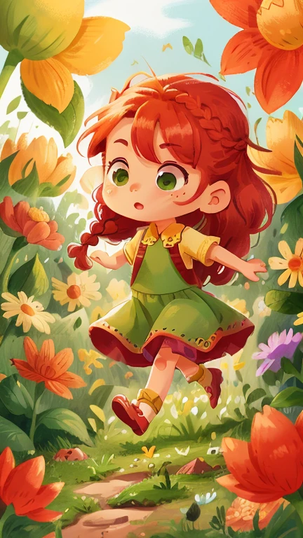 chibi character with braided red hair wearing a green dress, with green eyes is running across a flower field