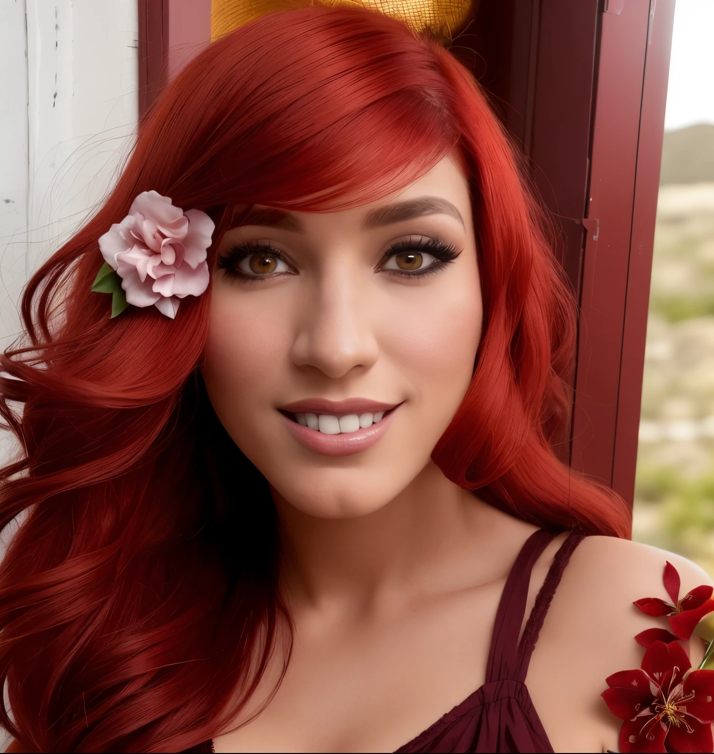 hay una mujer pelirroja y una flor en el pelo, 30-year-old woman from cuba, ayahausca, alanis guillen, crimson red hair and red eyes, con el pelo rojo, color rojo, lorena avarez, Imagen de perfil, cabello rojo brillante, Imagen de avatar, Cabello rojo y rasgos atractivos, Red crimson hair, tetas grandes, small belt, piernas largas, vestido transparente, piel morena.