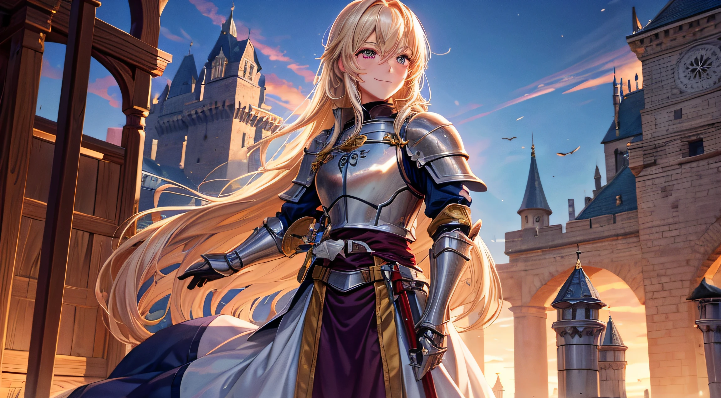 Female knight,Malepaladin,frontage,A smile,red blush,swordsmen,In front of the castle,a blond,The long-haired,straight haired