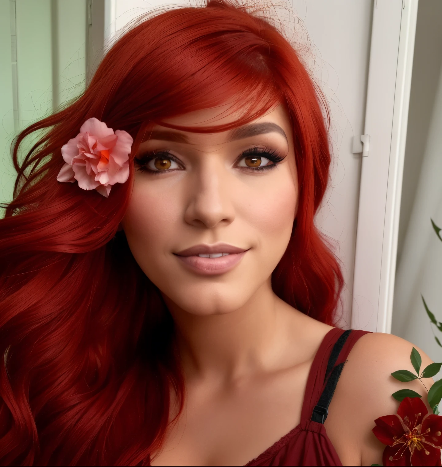 hay una mujer pelirroja y una flor en el pelo, 30-year-old woman from cuba, ayahausca, alanis guillen, crimson red hair and red eyes, con el pelo rojo, color rojo, lorena avarez, Imagen de perfil, cabello rojo brillante, Imagen de avatar, Cabello rojo y rasgos atractivos, Red crimson hair, tetas grandes, small belt, piernas largas, vestido transparente, piel morena.