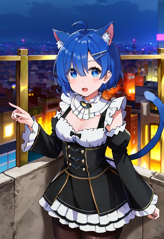 (8k、top-quality、masterpiece:1.2)、(top-quality:1.0)、超A high resolution:1.0、ighly detailed、rendered、4k、absurderes、HDR、looking at the viewers、
balconies、balconies、nigh sky:2、night lights:1.2、window、mer1、short-hair、bleu hair、Tank tops、hotpants、s lips、cparted lips、open open mouth、medium chest、Medium full shot、thighs thighs thighs thighs,black pantyhose king、cat ear,Cat tail