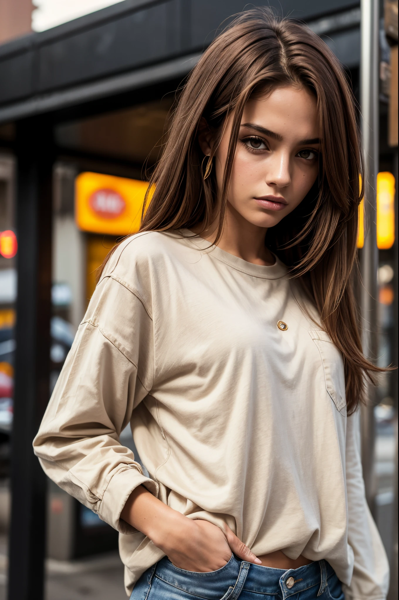 American-Brazilian woman, 18 years old, beige skin, medium straight red hair, honey brown eyes, baggy clothes, jeans, dark background, evil background, night background, behind gas station, woman face, close up of face, angry face, serious face, dangerous look, Female, tomboy style, baggy clothes, casual and relaxed pose, white shirt, patterned button-up long-sleeve shirt, jeans (short or long), rebellious expression,