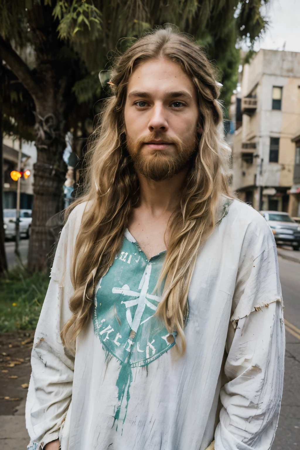 (25 year old boy) big beard, tall ((ugly)) ugly face, (slender body) thin body, (long blond hair) (green eyes) (white skin) western face, large drooping eyes, serene and happy expression, calm, Western, (location: street), day. ((hippie boy, dirty old clothes)) ((young hippie boy clothes))