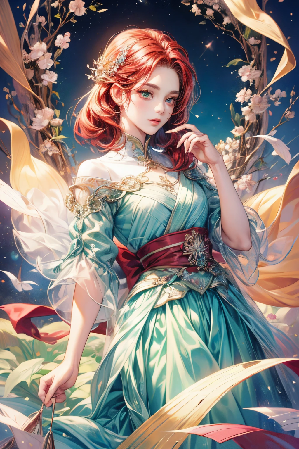(Best quality at best:1.4), (tmasterpiece:1.4), 超高分辨率, 8K, CG, Exquisite, The upper part of the body, Solitary, Thumb girl, Little princess, Blue taffeta court dress, forest backgrou, detailedfacialfeatures, Red hair, almond eyes, Detailed eye makeup, Long eyelashes, Green eyes and starry gaze, Delicate lip detailing, Soft and harmonious style