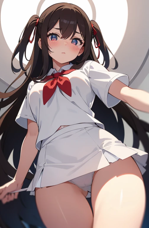 hair between eye, Hair Ribbon, Long hair, Brown hair, two side up, School uniform, Shirt, Short sleeves, Skirt, thighs thighs thighs thighs, White shirt, White skirt,BREAK looking at viewer,Romper (masutepiece:1.2), Best Quality, High resolution, (Beautiful illustration:0.8), (Beautiful detailed eyes:1.6), extra detailed face, Perfect Lighting, (Perfect hands, Perfect Anatomy),(white  panties:1.3), (Silky white panties visible through the skirt), (Thigh gap, Thigh Focus:1.3), (Looking to the future:1.3), (lower body shot, View from below, View from the front:1.5), very low - angle,、red blush,Surprised,embarrassed from,