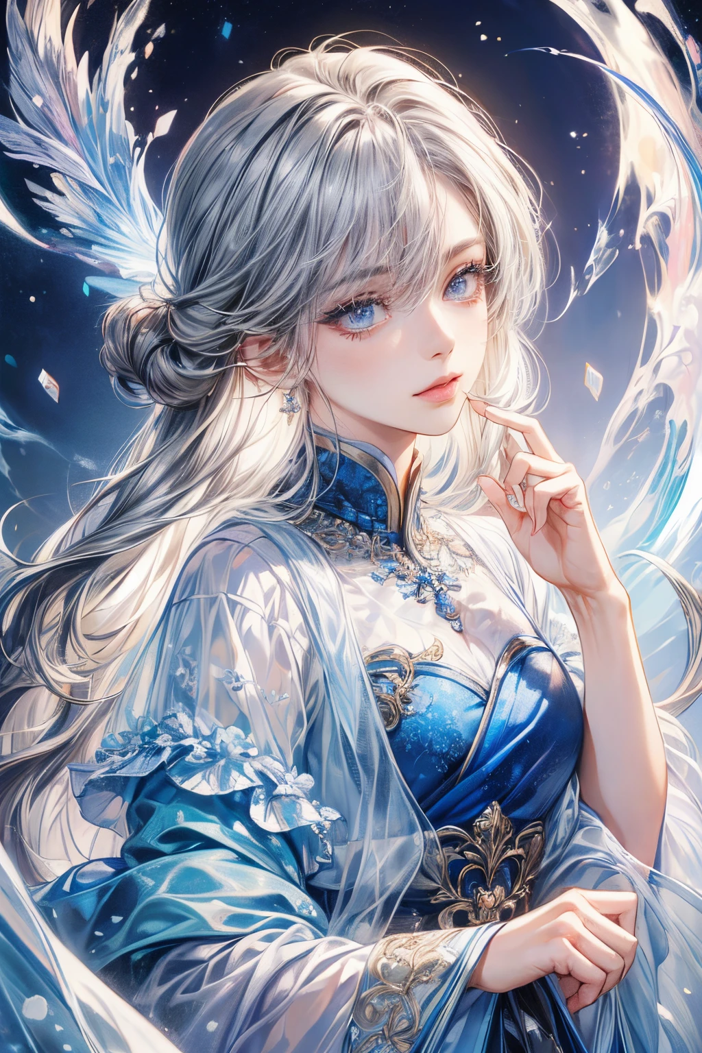 (Best quality at best:1.4), (tmasterpiece:1.4), 超高分辨率, 8K, CG, Exquisite, The upper part of the body, Solitary, Thumb girl, Little princess, Blue taffeta court dress, forest backgrou, detailedfacialfeatures, Silver-gray hair, almond eyes, Detailed eye makeup, Long eyelashes, gray eyes and starry gaze, Delicate lip detailing, Soft and harmonious style