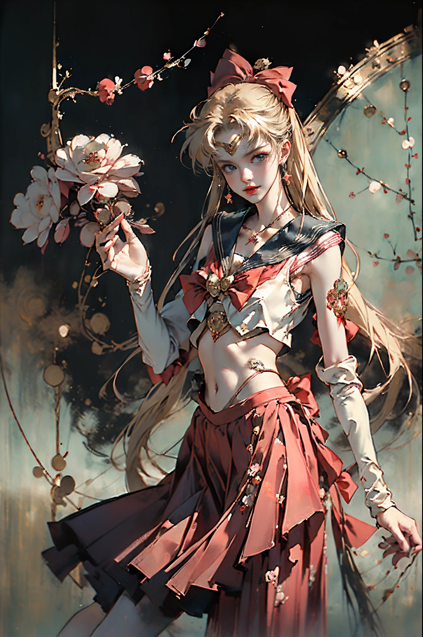 ((tmasterpiece)),((quality)),((Best quality at best)),((offcial art)),((Beauty and aesthetics)),(young women,Can#39;t satisfy her:1.3),((lewd poses)),((Sexual suggestiveness)),((the sailor moon:1.6,Mariner Moon)), ((Pubic hair shows through,Plump,Bulge,)),((There a big red bow on the chest,upper arm:1.6)),((Long blonde hair, dual horsetail)),((Sailor Moon Aesthetics)),((Puffy skirt)),((dream core)),((The content very detailed)),(s fractal art:1.3),(flowers in full bloom:1.3),((ultra - detailed)), ((very detailed nipples)),(One color:1.2)( tangled:1.2), (dynamicposes), (abstract backgrounds:1.3), (Chinese traditional fabric:1.2), (Glowing and radiant skin), (Lots of colors:1.4), ,(耳Nipple Ring:1.4),(Decorative painting:1.6,), Lighting,Ink painting and watercolor,ink,water ink,