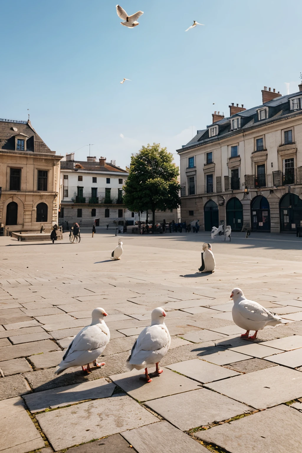 There are some white pigeons in the square