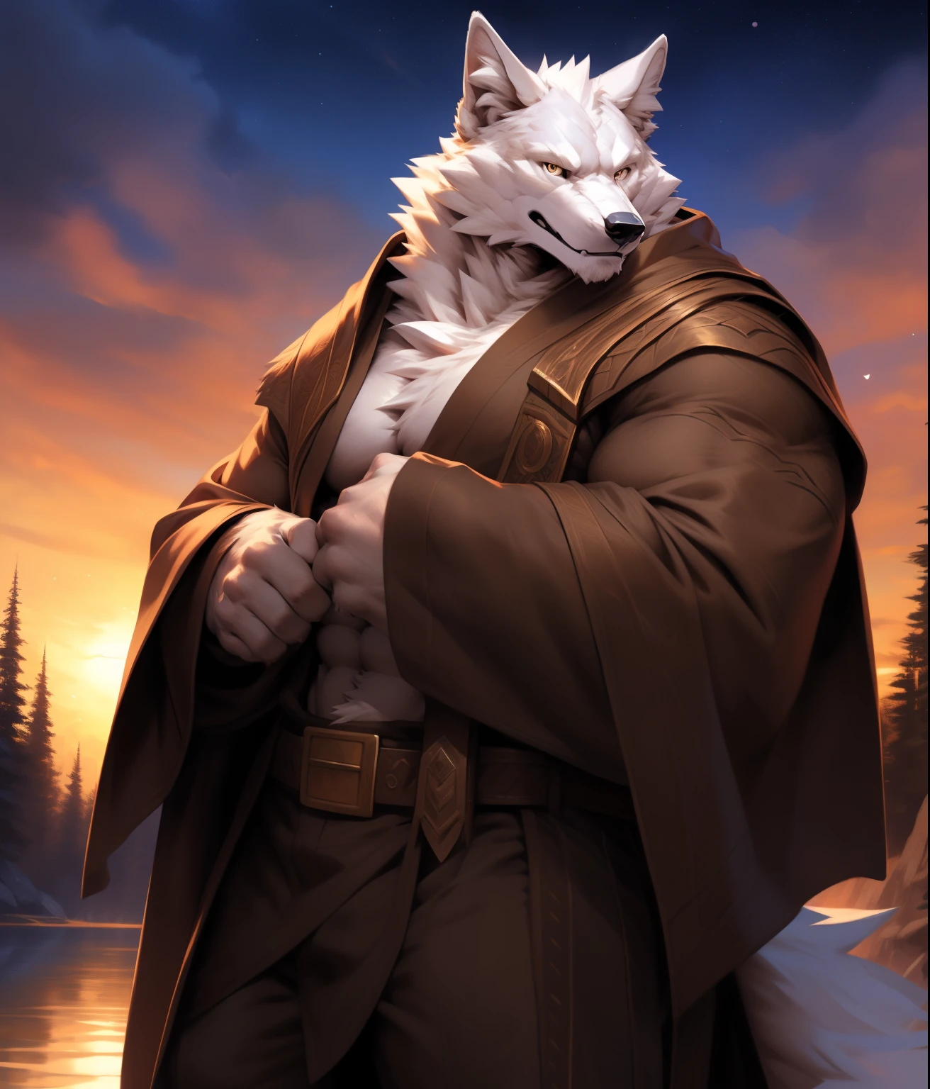 SUNSET. ALBINO, blaidd, in partial shadows, brown cape. brown robe, 4k, high resolution, best quality, perfect colors, perfect shadows, perfect lighting, posted on e621, furry body, Albino Wolf, albino fur, albino skin, solo, male, adult, masculine, (strong muscular male:1.2), correct anatomy, (photorealistic fur, detailed fur, epic, masterpiece:1.2), (dark fantasy world background, trees, black sky, sunset, stars visible in the sky), (by Taran Fiddler, by Chunie, by Traver009, by wfa:1.1), (brown cloth pants, belt with bronze buckle.:1.2), (detailed eyes, golden eyes:1.2), (half body:1.1), serious face, eyes full of wisdom, kind look, kind smile, strong posture, proud, soft shadows, looking at viewer, messy fur, gruff, robe, slightly open tunic.