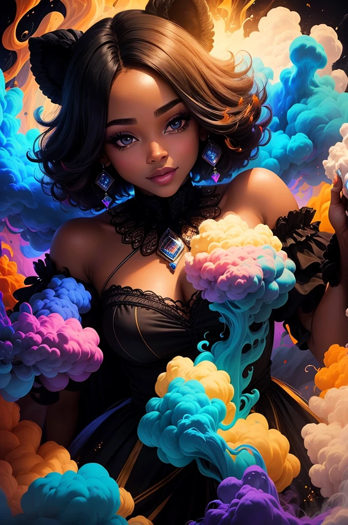 handsome and beautiful cubby black woman smirking surrounded by colorful smoke