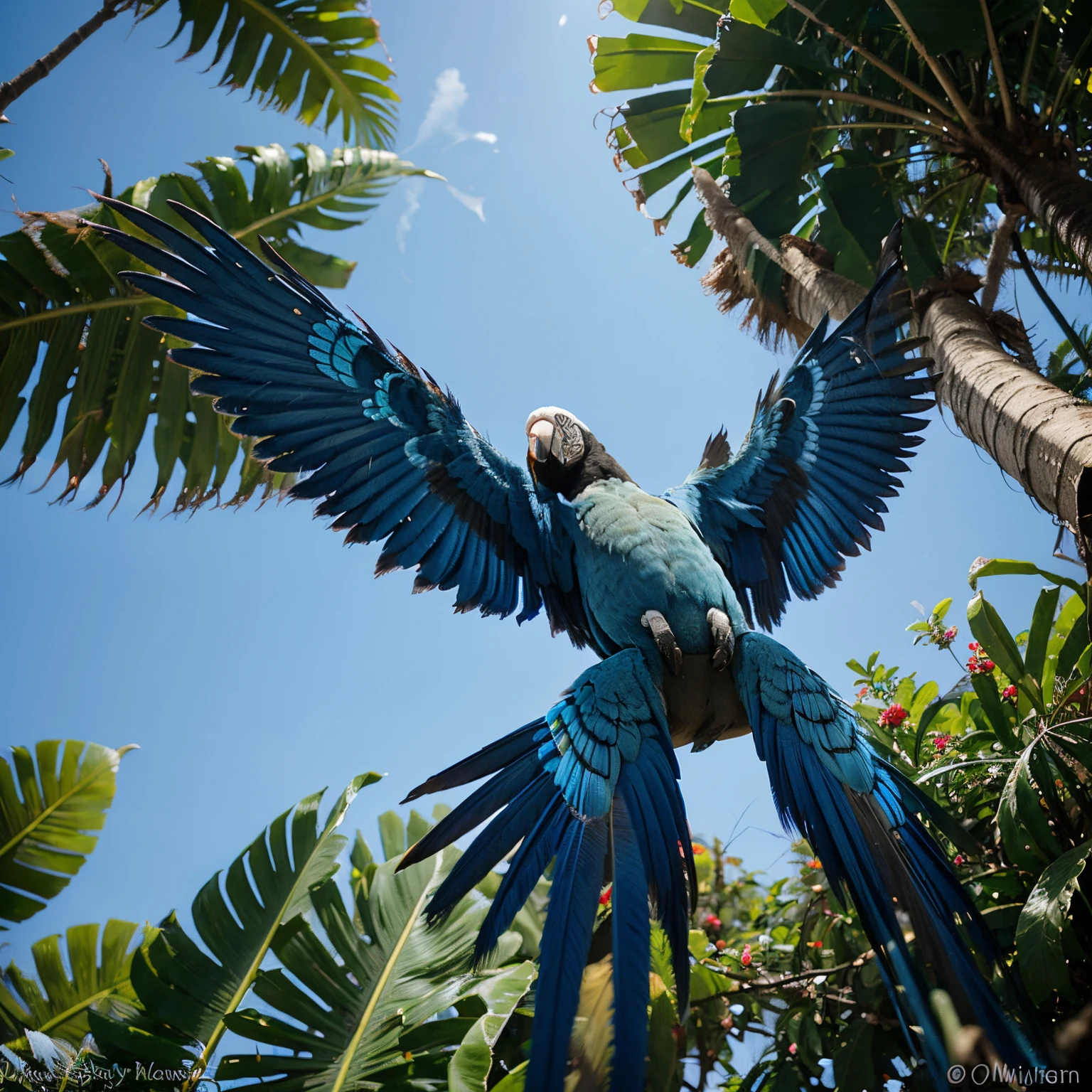 Blue macaw flying but the underside of his wings are bananas instead of feathers