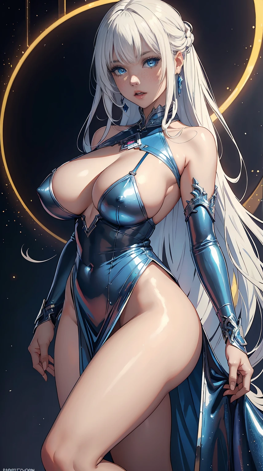 8K, Ultra High Definition, Super detailed, grown woman of 40 years, milf, sexy woman Shiny detailed hair, detailed face, normal landscape, solo, looking at viewer, {{best quality}}, {{masterpiece}}, {{ultra-detailed}}, {detailed light}, ultra high quality eyes, detailed eyes, perfect eyes, large eyes, blue eyes, wearing a metallic dress, white hair, long hair, beautiful, skinny body, White skin, slutty, erotic, blushing, open mouth, standing in suggestive pose, ((nsfw))