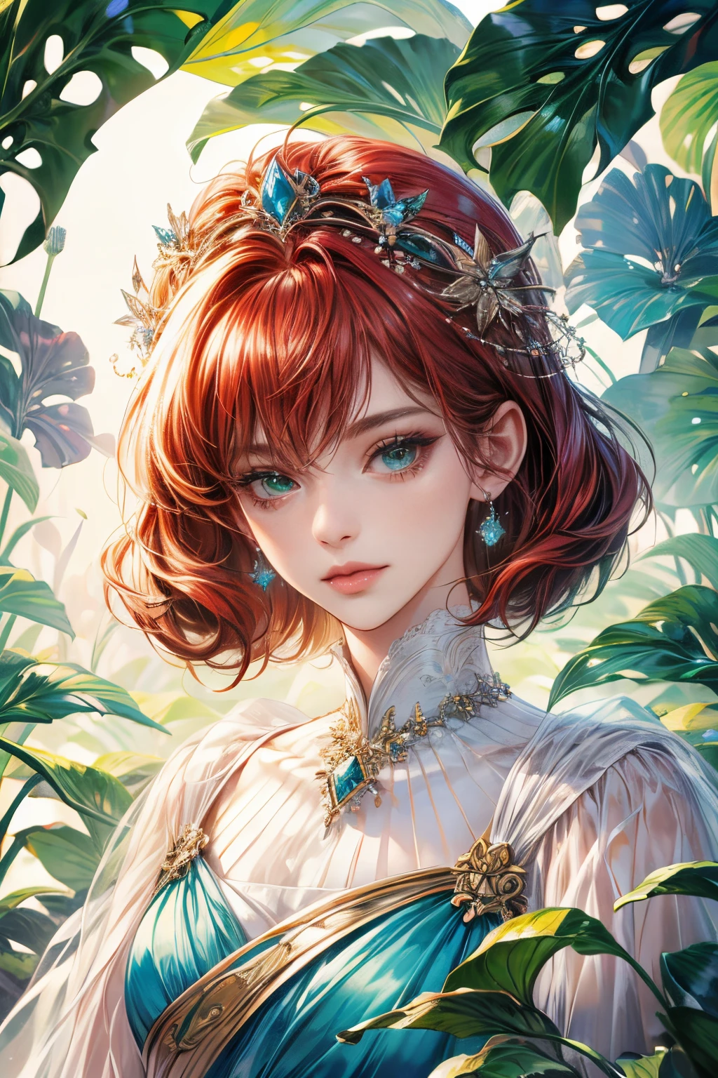 The promp quality:1.4), (masterpiece:1.4), ultra-high resolution, 8K, CG, exquisite, upper body, solitary, thumb girl, little princess, blue taffeta court dress, forest background, detailed facial features, red hair, almond-shaped eyes, detailed eye makeup, long eyelashes, green eyes and star-like gaze, exquisite lip details, soft and harmonious style.