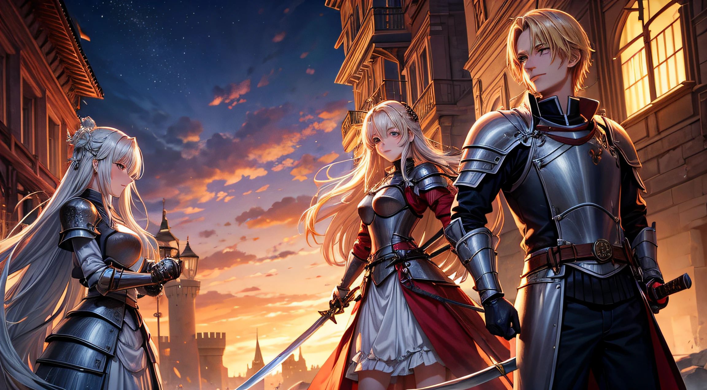 Female knight,Male Knight,2 shots,The sword,A smile,red blush,swordsmen,In front of the castle,a blond,The long-haired,straight haired,chum