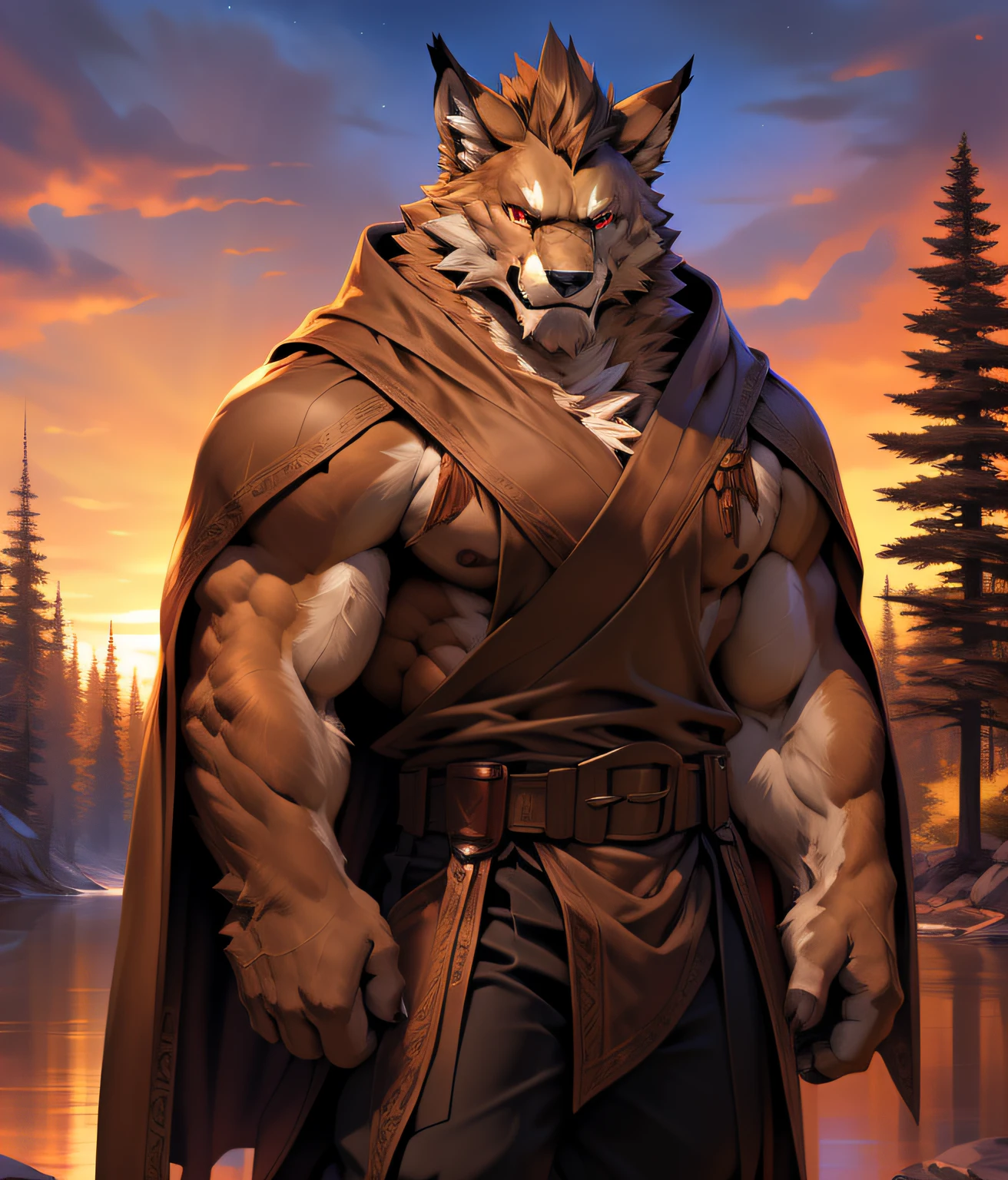 puesta del sol. lobo, en sombras parciales, brown cape. brown dress, 4k, High resolution, La mejor calidad, colores perfectos, Sombras perfectas, Perfect lighting, Publicado el E621, cuerpo peludo, Leomon, Pelaje dorado, piel dorada, solamente, masculino, adulto, Masculino, (fuerte, macho musculoso:1.2), anatomy correct, (Piel fotorrealista, Piel detallada, epopeya, Obra maestra:1.2), (Dark Fantasy World Background, trees, cielo negro, puesta del sol, Estrellas visibles en el cielo), (por Taran Fiddler, por chunie, por Traver009, por WFA:1.1), (pantalon de tela marron, belt with bronze buckle.:1.2), (ojos detallados, ojos rojos:1.2), (medio cuerpo:1.1), cara seria, postura fuerte, orgulloso, Sombras suaves, Mirando al espectador, pelaje desordenado, Rudo, vestimenta, slightly open tunic.